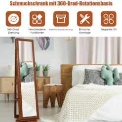 360° Drehbarer Schmuckschrank mit Ganzkörperspiegel Spiegelschrank mit Schmuckaufbewahrung