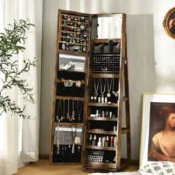 360° Drehbarer Schmuckschrank mit Ganzkörperspiegel Spiegelschrank mit Schmuckaufbewahrung
