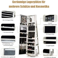 360° Drehbarer Schmuckschrank mit Ganzkörperspiegel Spiegelschrank mit Schmuckaufbewahrung
