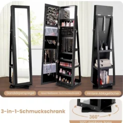 360° Drehbarer Schmuckschrank mit Ganzkörperspiegel Spiegelschrank mit Schmuckaufbewahrung