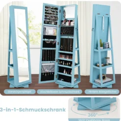 360° Drehbarer Schmuckschrank mit Ganzkörperspiegel Spiegelschrank mit Schmuckaufbewahrung