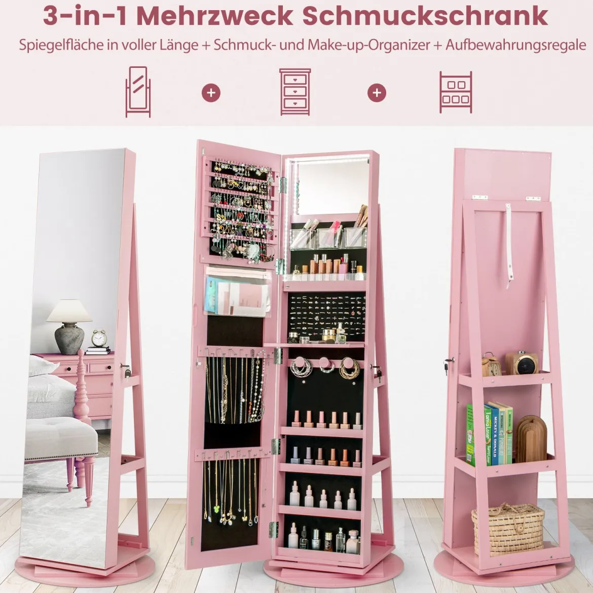360° Drehbarer Schmuckschrank mit Dreifarbigen LED-Leuchten Freistehender Spiegelschrank