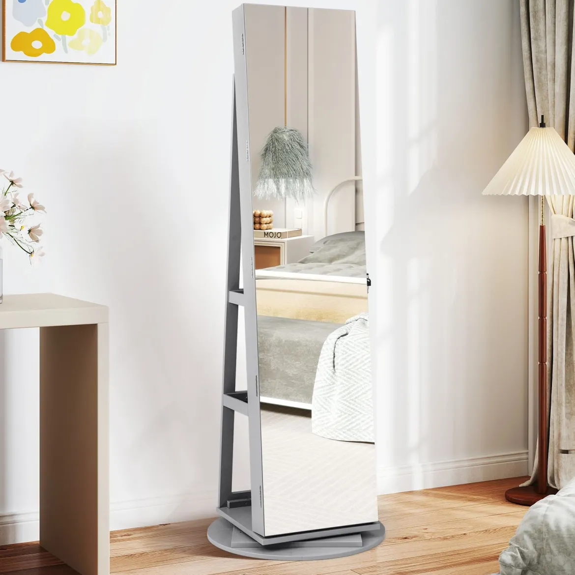 360° Drehbarer Schmuckschrank mit Dreifarbigen LED-Leuchten Freistehender Spiegelschrank
