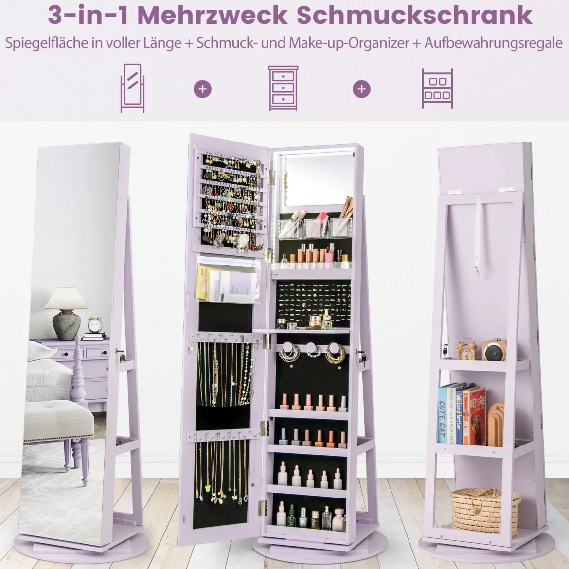 360° Drehbarer Schmuckschrank mit Dreifarbigen LED-Leuchten Freistehender Spiegelschrank