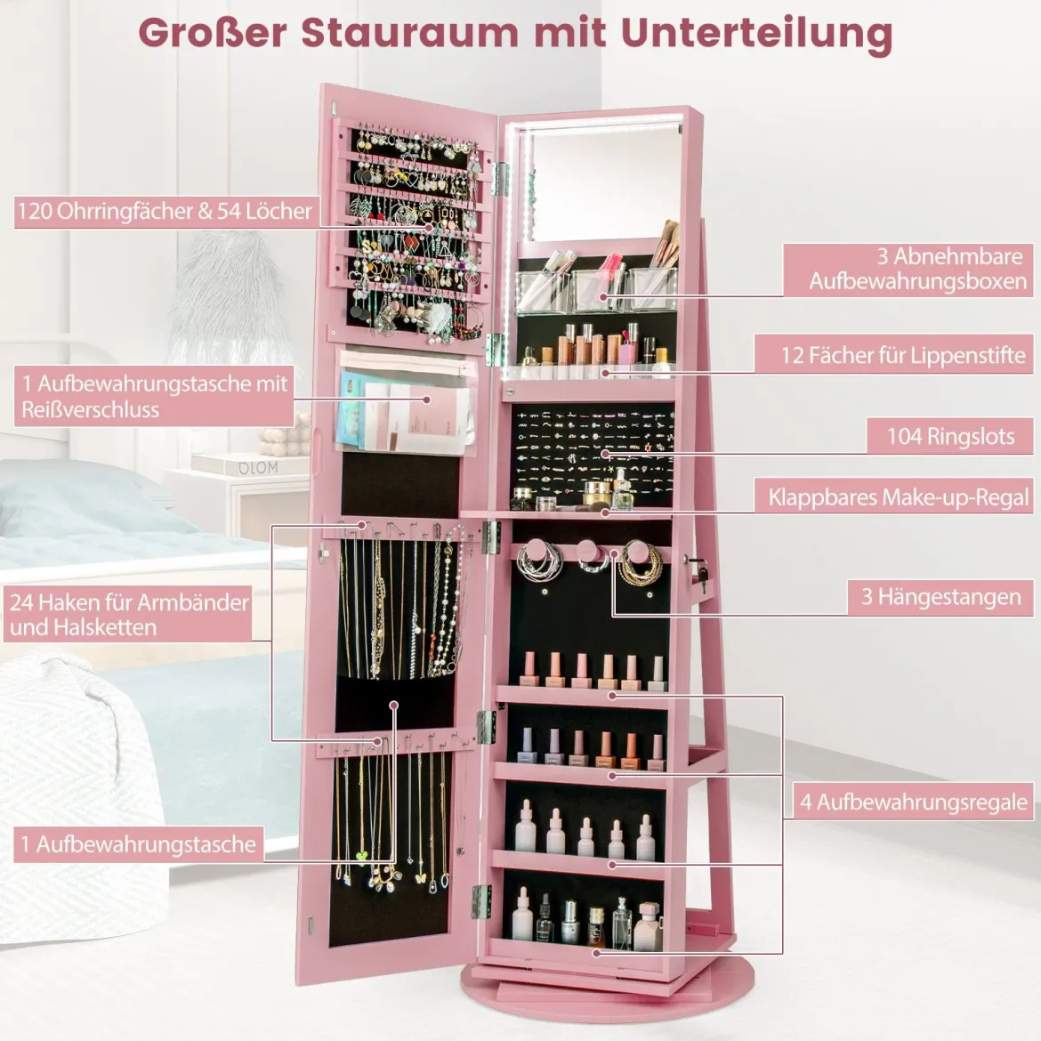 360° Drehbarer Schmuckschrank mit Dreifarbigen LED-Leuchten Freistehender Spiegelschrank