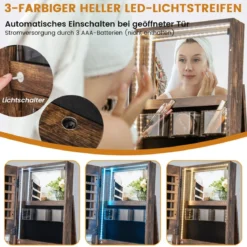 360° Drehbarer Schmuckschrank mit Dreifarbigen LED-Leuchten Freistehender Spiegelschrank