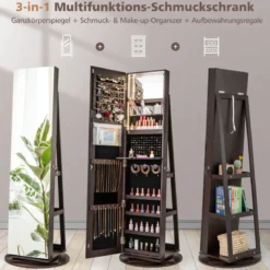 360° Drehbarer Schmuckschrank mit Dreifarbigen LED-Leuchten Freistehender Spiegelschrank