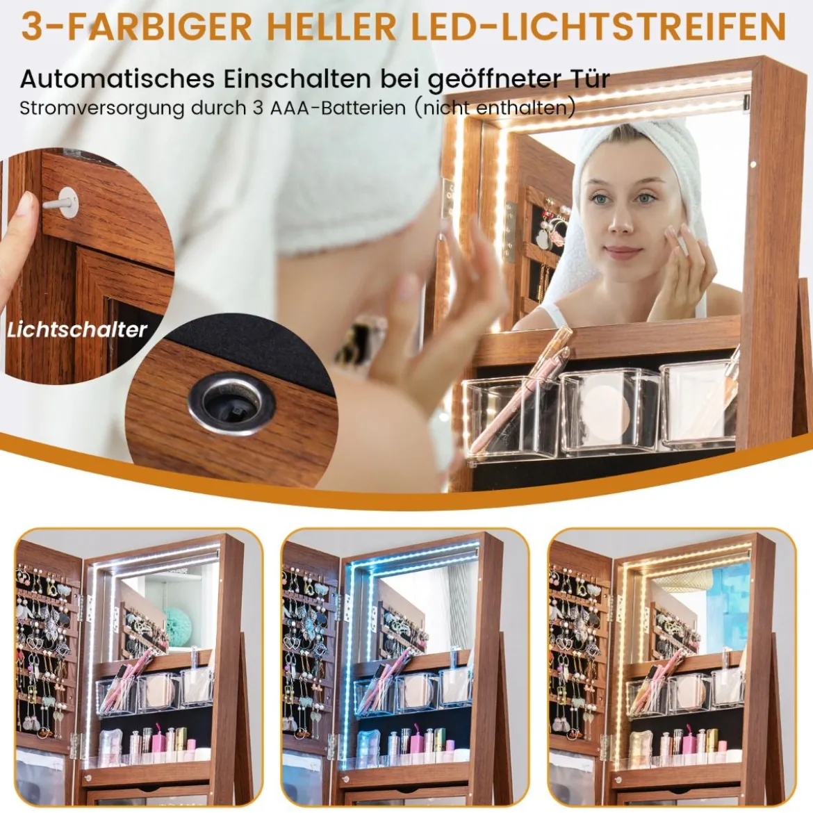 360° Drehbarer Schmuckschrank mit Dreifarbigen LED-Leuchten Freistehender Spiegelschrank