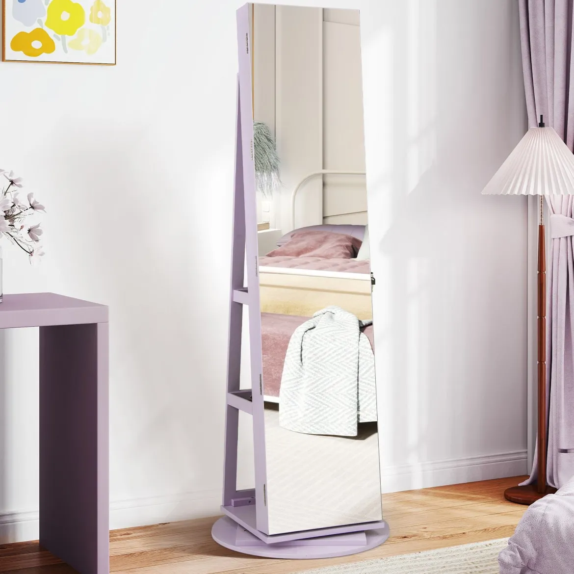 360° Drehbarer Schmuckschrank mit Dreifarbigen LED-Leuchten Freistehender Spiegelschrank