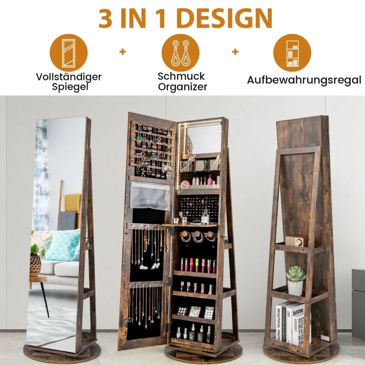 360° Drehbarer Schmuckschrank mit Dreifarbigen LED-Leuchten Freistehender Spiegelschrank