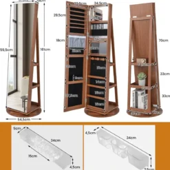 360° Drehbarer Schmuckschrank mit Dreifarbigen LED-Leuchten Freistehender Spiegelschrank