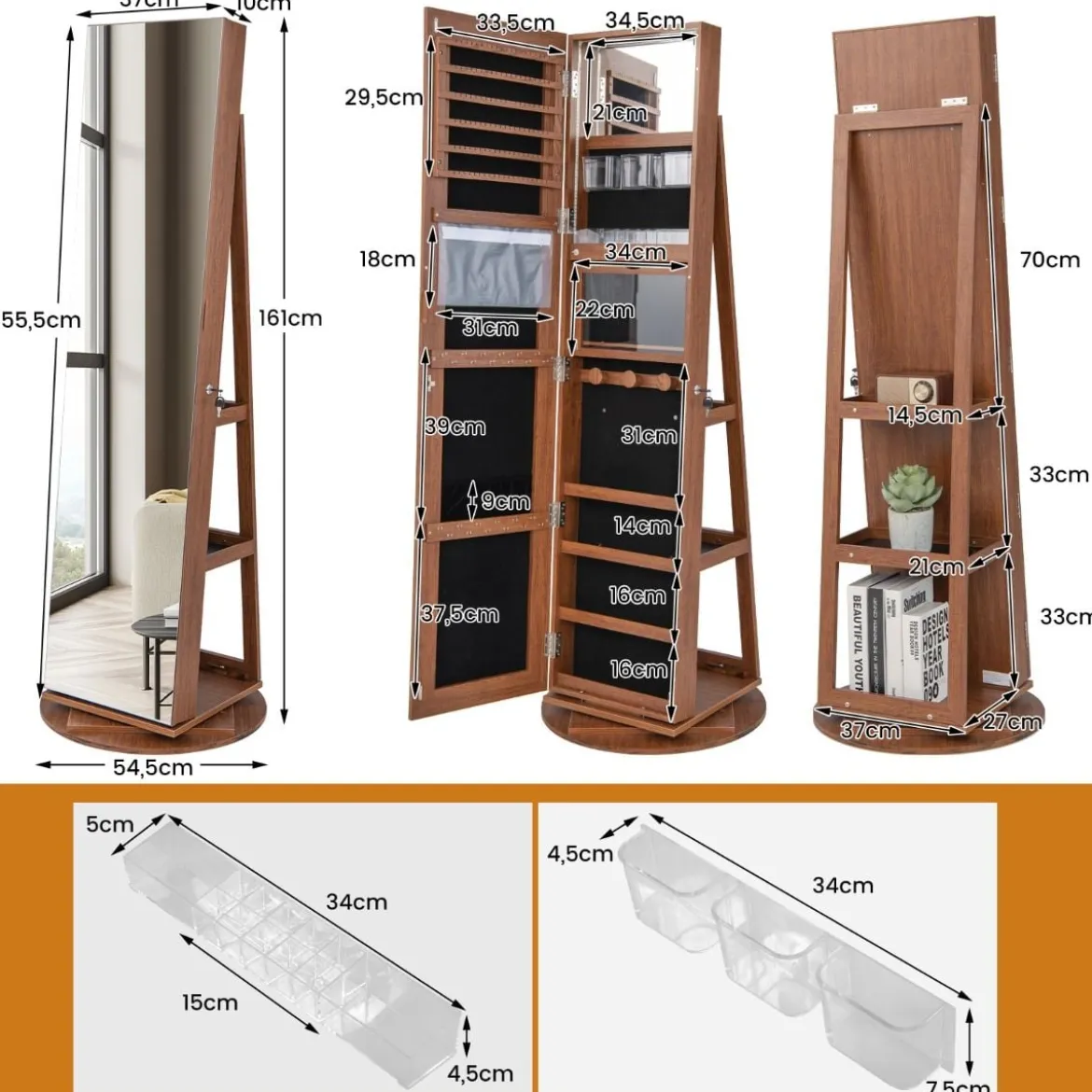 360° Drehbarer Schmuckschrank mit Dreifarbigen LED-Leuchten Freistehender Spiegelschrank