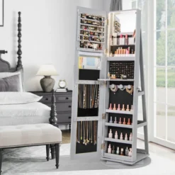 360° Drehbarer Schmuckschrank mit Dreifarbigen LED-Leuchten Freistehender Spiegelschrank