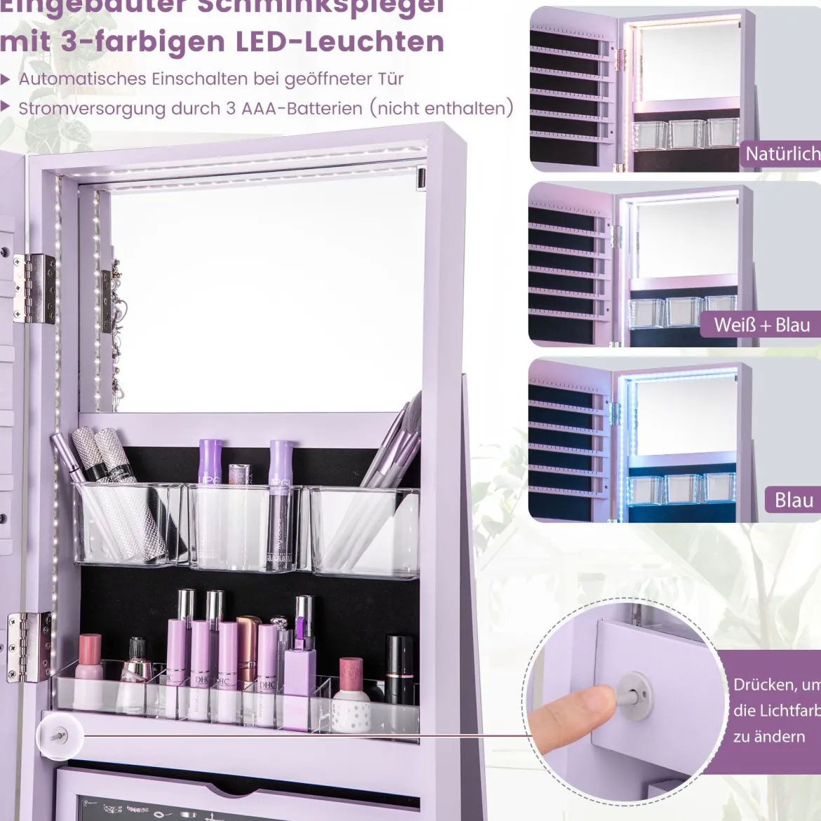 360° Drehbarer Schmuckschrank mit Dreifarbigen LED-Leuchten Freistehender Spiegelschrank