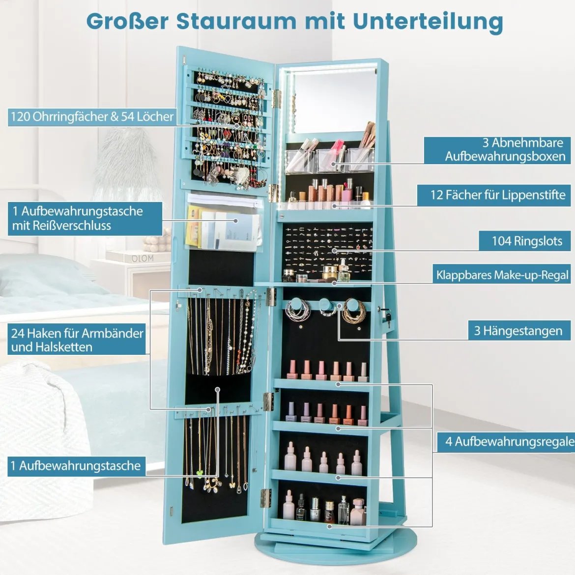 360° Drehbarer Schmuckschrank mit Dreifarbigen LED-Leuchten Freistehender Spiegelschrank