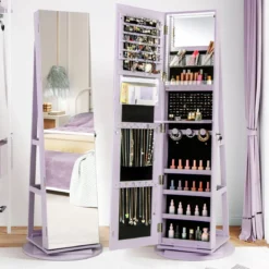 360° Drehbarer Schmuckschrank mit Dreifarbigen LED-Leuchten Freistehender Spiegelschrank