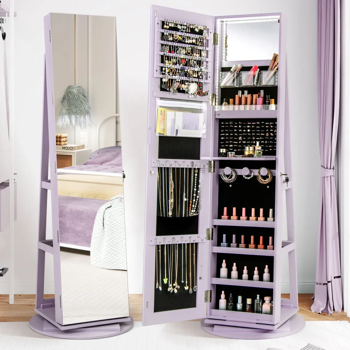 360° Drehbarer Schmuckschrank mit Dreifarbigen LED-Leuchten Freistehender Spiegelschrank