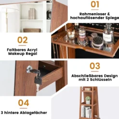 360° Drehbarer Schmuckschrank mit Dreifarbigen LED-Leuchten Freistehender Spiegelschrank