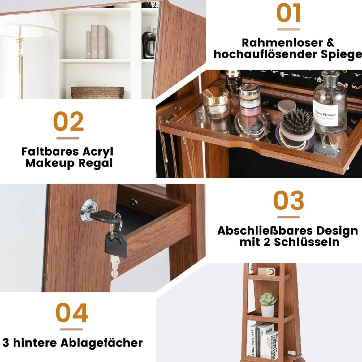 360° Drehbarer Schmuckschrank mit Dreifarbigen LED-Leuchten Freistehender Spiegelschrank