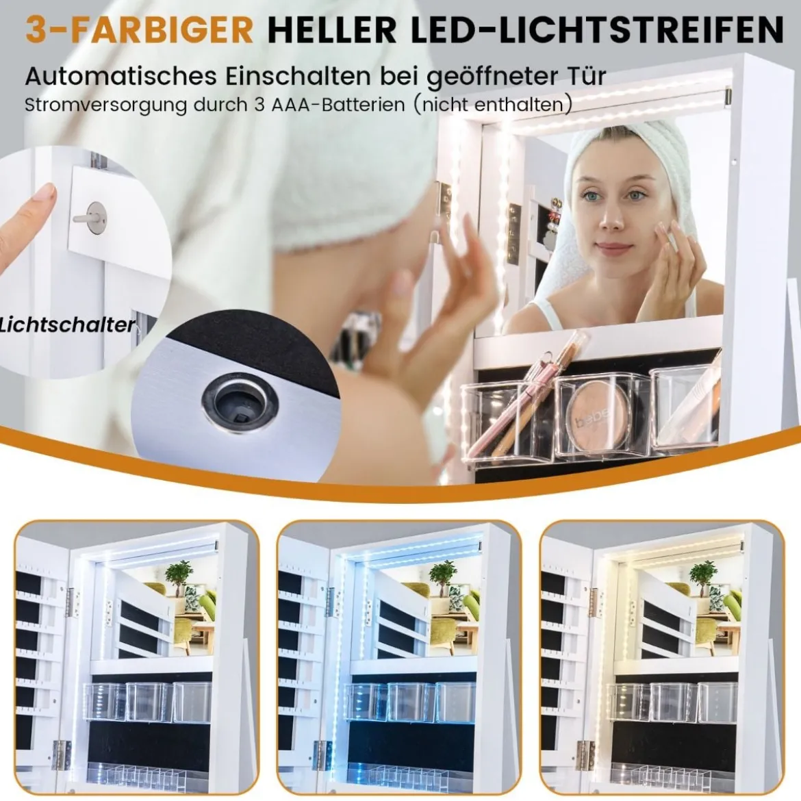 360° Drehbarer Schmuckschrank mit Dreifarbigen LED-Leuchten Freistehender Spiegelschrank