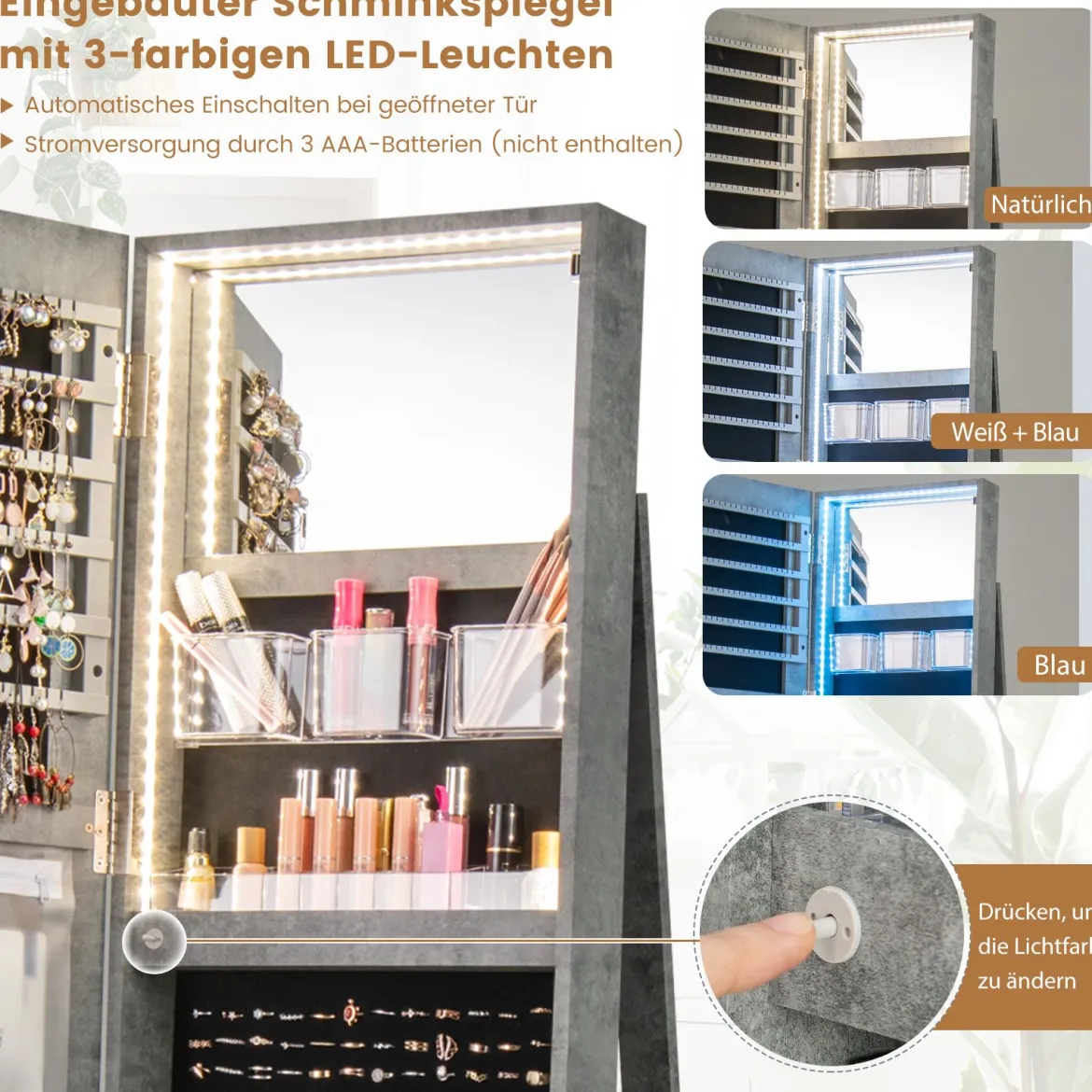 360° Drehbarer Schmuckschrank mit Dreifarbigen LED-Leuchten Freistehender Spiegelschrank