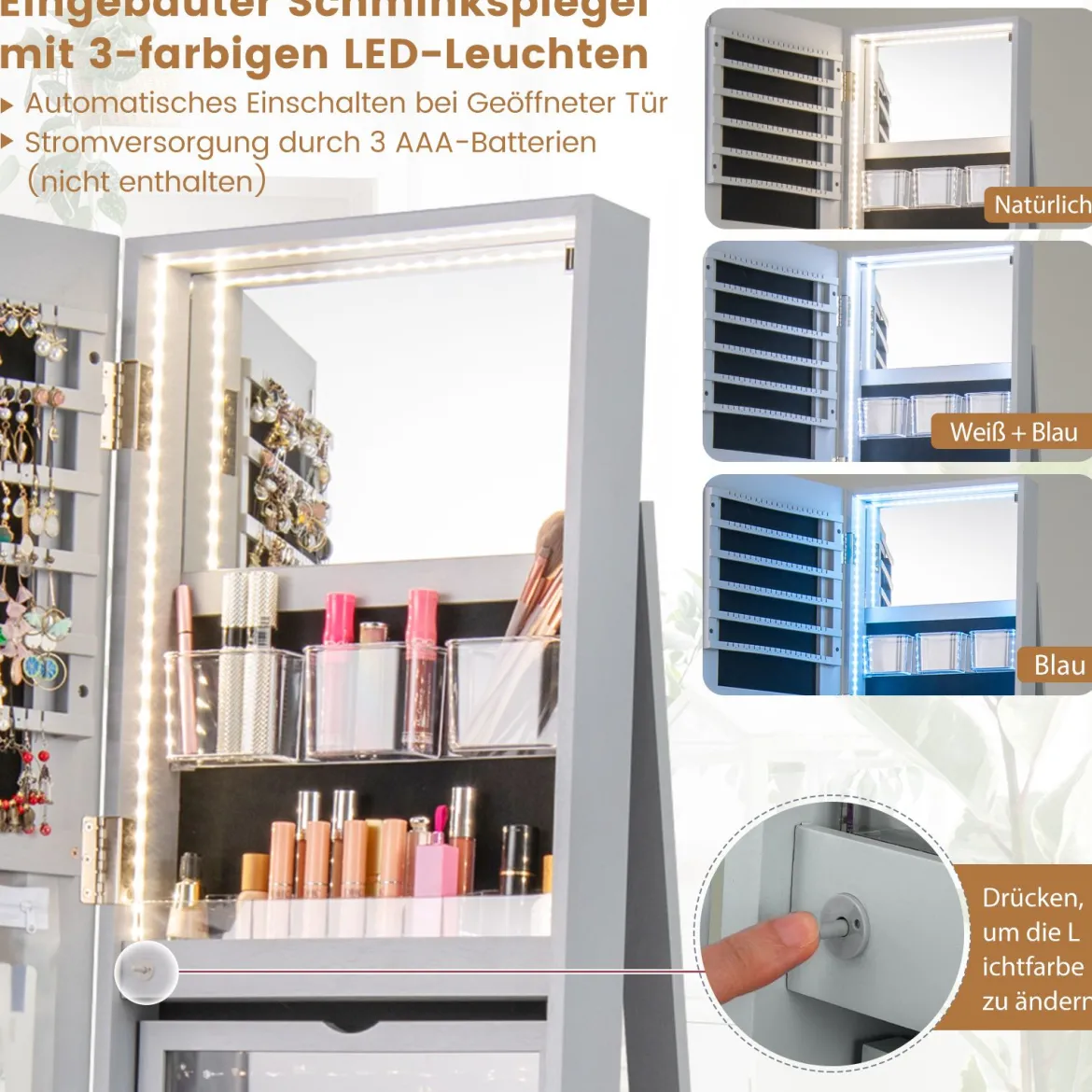 360° Drehbarer Schmuckschrank mit Dreifarbigen LED-Leuchten Freistehender Spiegelschrank