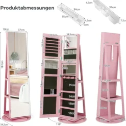 360° Drehbarer Schmuckschrank mit Dreifarbigen LED-Leuchten Freistehender Spiegelschrank