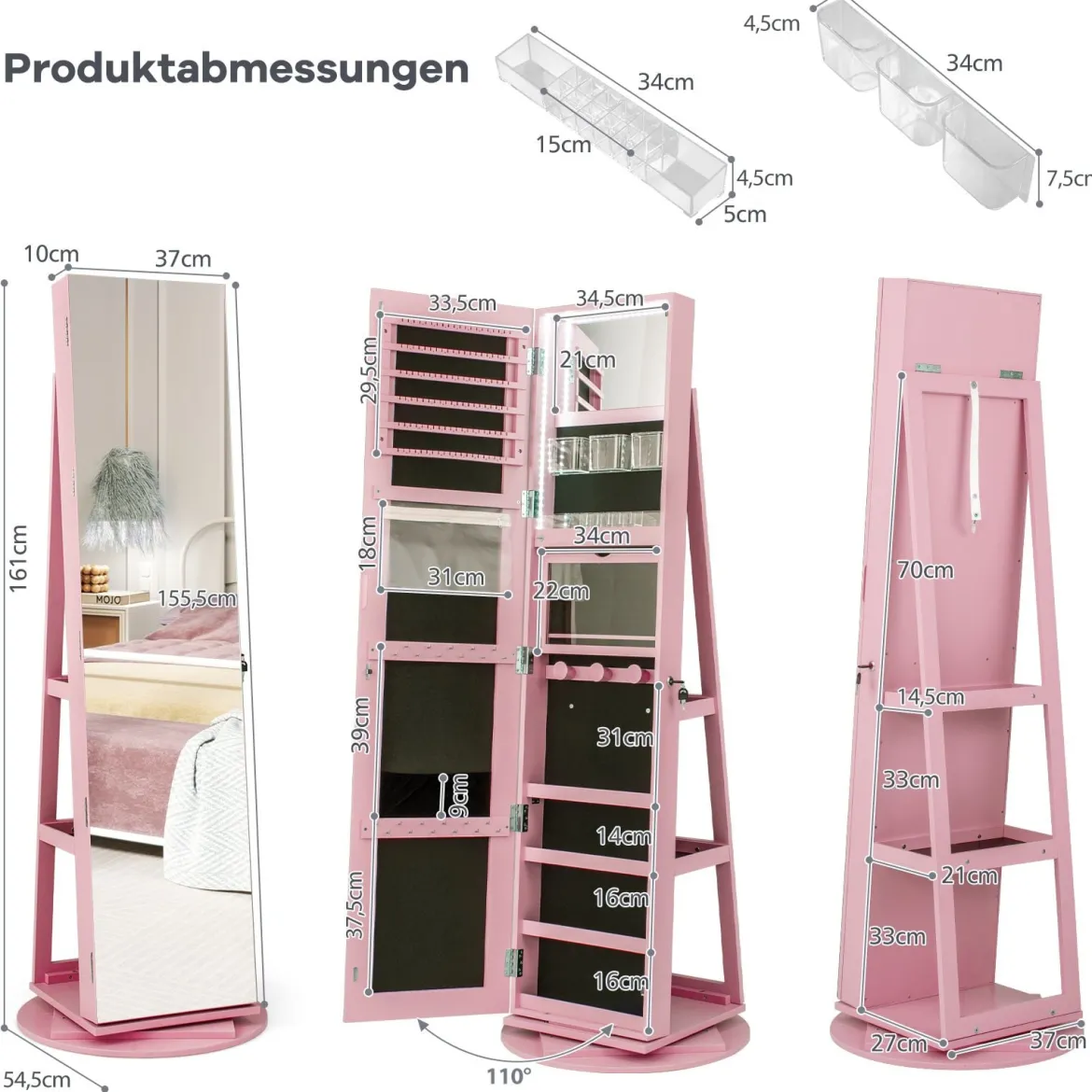 360° Drehbarer Schmuckschrank mit Dreifarbigen LED-Leuchten Freistehender Spiegelschrank