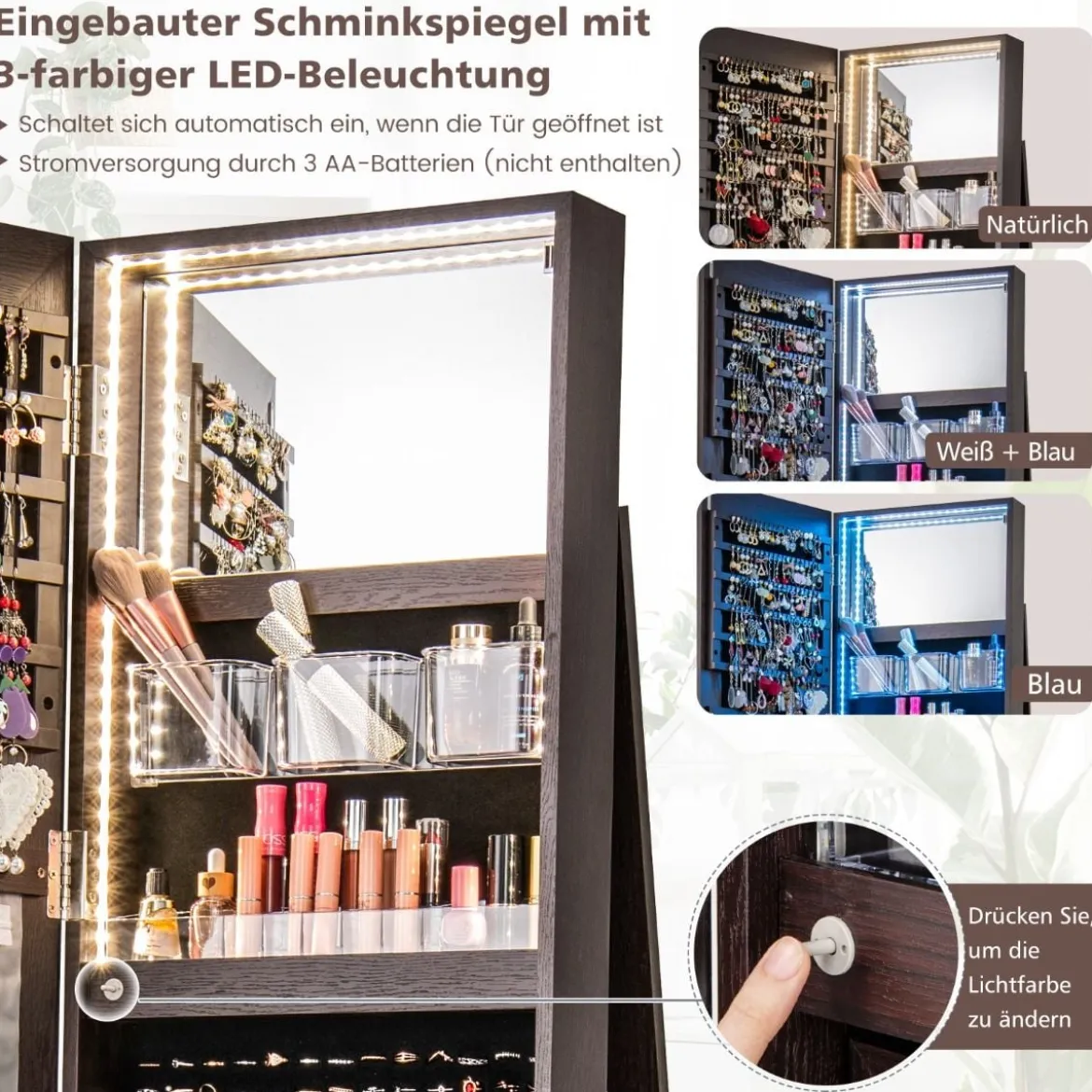 360° Drehbarer Schmuckschrank mit Dreifarbigen LED-Leuchten Freistehender Spiegelschrank