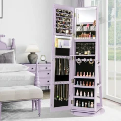 360° Drehbarer Schmuckschrank mit Dreifarbigen LED-Leuchten Freistehender Spiegelschrank