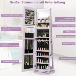 360° Drehbarer Schmuckschrank mit Dreifarbigen LED-Leuchten Freistehender Spiegelschrank