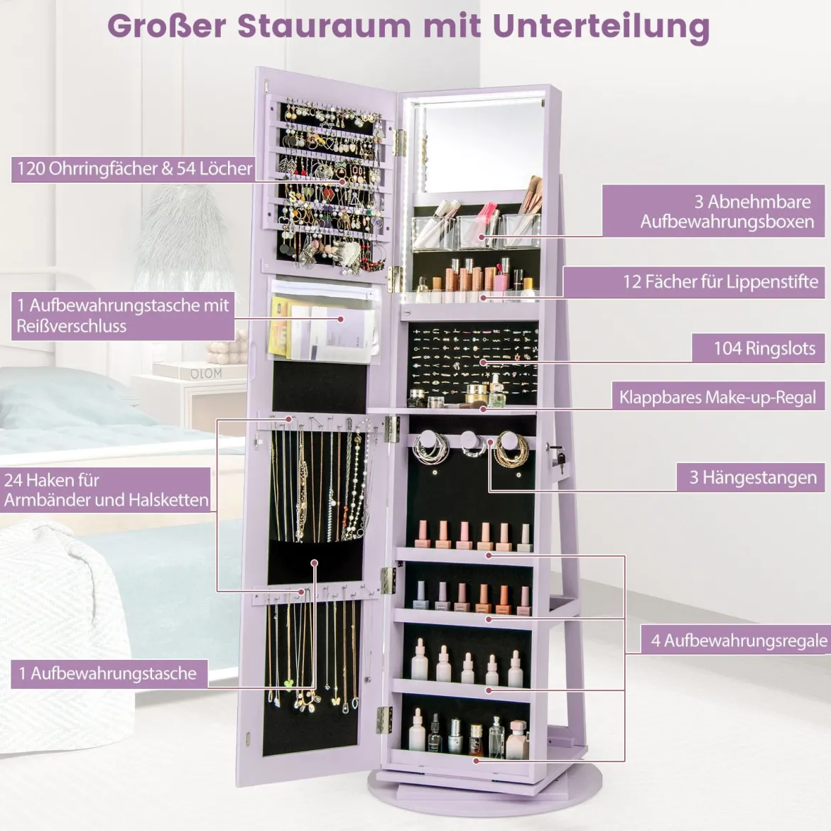 360° Drehbarer Schmuckschrank mit Dreifarbigen LED-Leuchten Freistehender Spiegelschrank