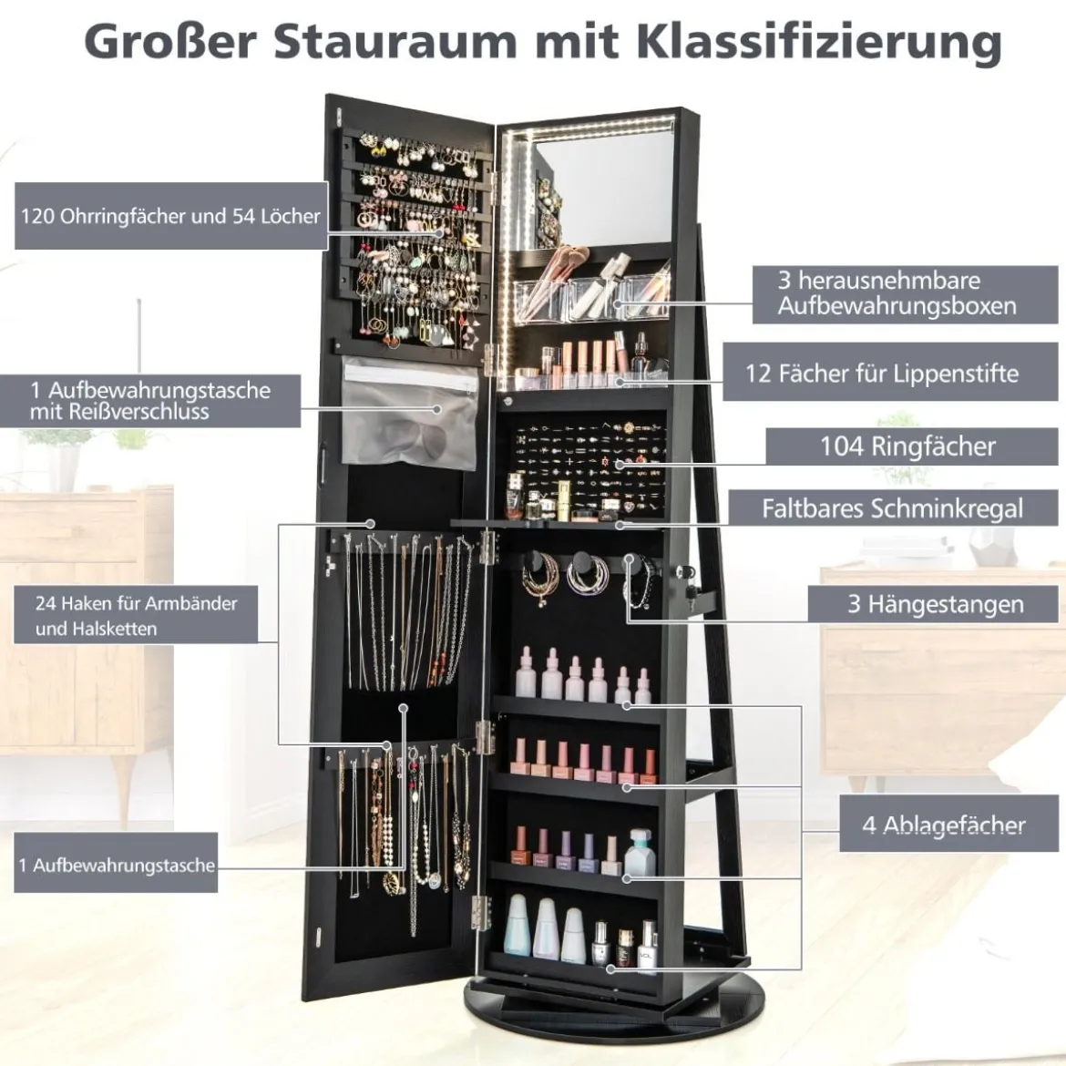 360° Drehbarer Schmuckschrank mit Dreifarbigen LED-Leuchten Freistehender Spiegelschrank
