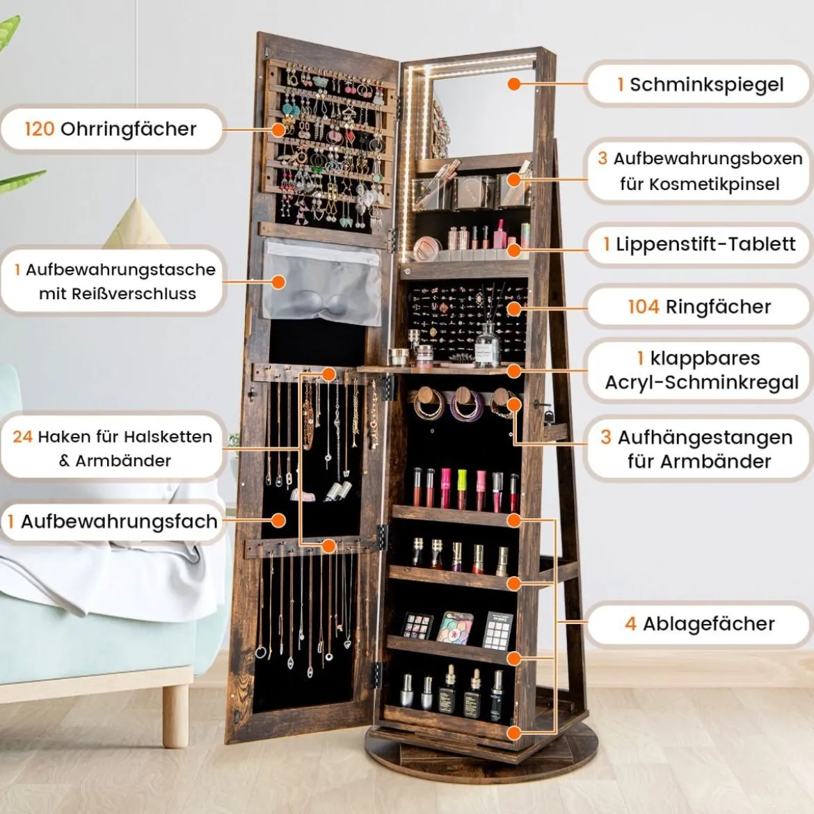 360° Drehbarer Schmuckschrank mit Dreifarbigen LED-Leuchten Freistehender Spiegelschrank