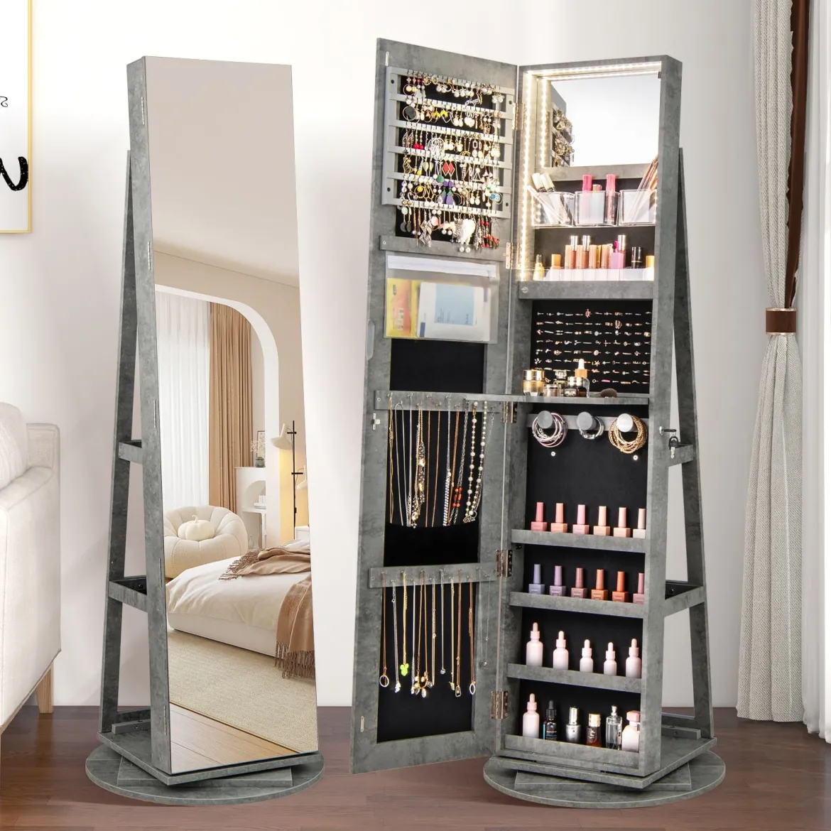 360° Drehbarer Schmuckschrank mit Dreifarbigen LED-Leuchten Freistehender Spiegelschrank