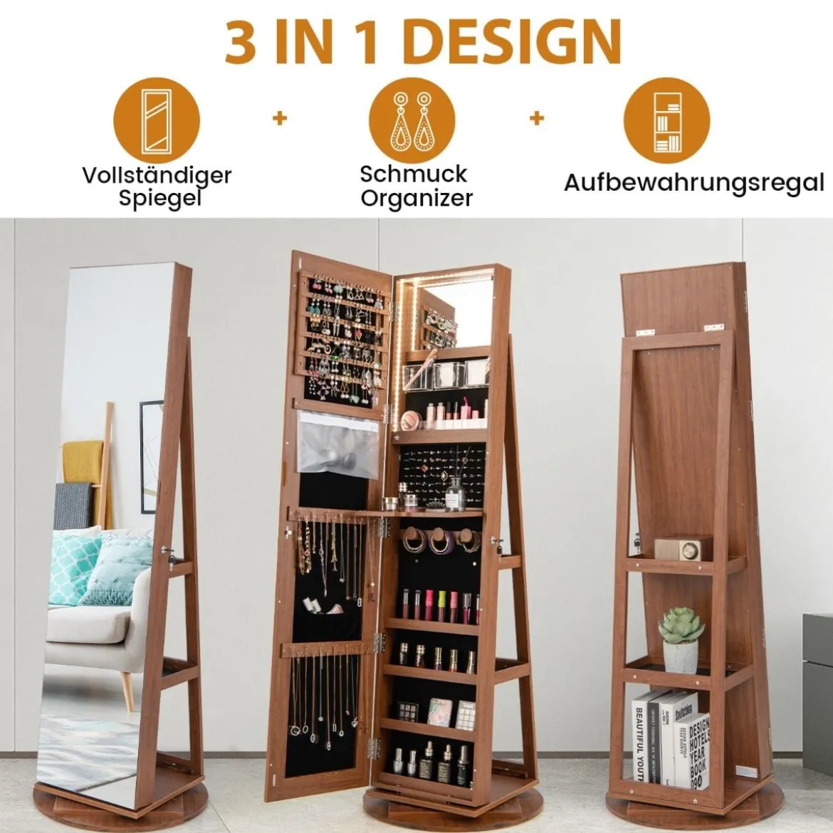 360° Drehbarer Schmuckschrank mit Dreifarbigen LED-Leuchten Freistehender Spiegelschrank