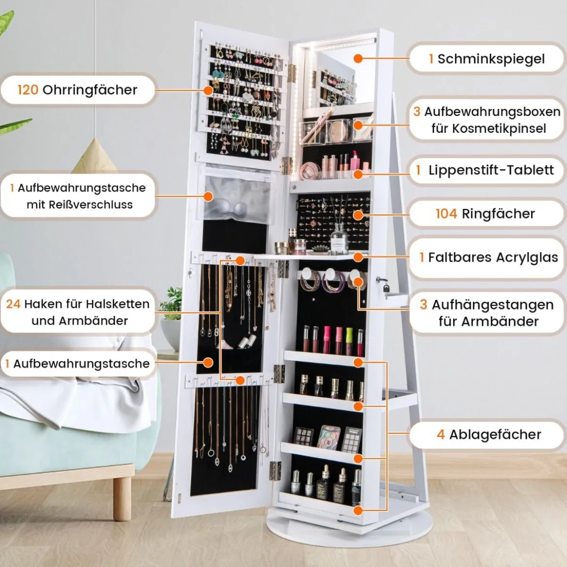 360° Drehbarer Schmuckschrank mit Dreifarbigen LED-Leuchten Freistehender Spiegelschrank