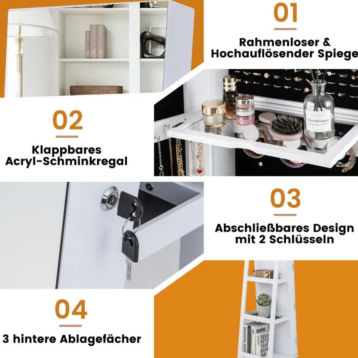 360° Drehbarer Schmuckschrank mit Dreifarbigen LED-Leuchten Freistehender Spiegelschrank
