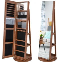 360° Drehbarer Schmuckschrank mit Dreifarbigen LED-Leuchten Freistehender Spiegelschrank