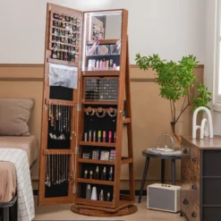 360° Drehbarer Schmuckschrank mit Dreifarbigen LED-Leuchten Freistehender Spiegelschrank