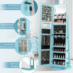 360° Drehbarer Schmuckschrank mit Dreifarbigen LED-Leuchten Freistehender Spiegelschrank