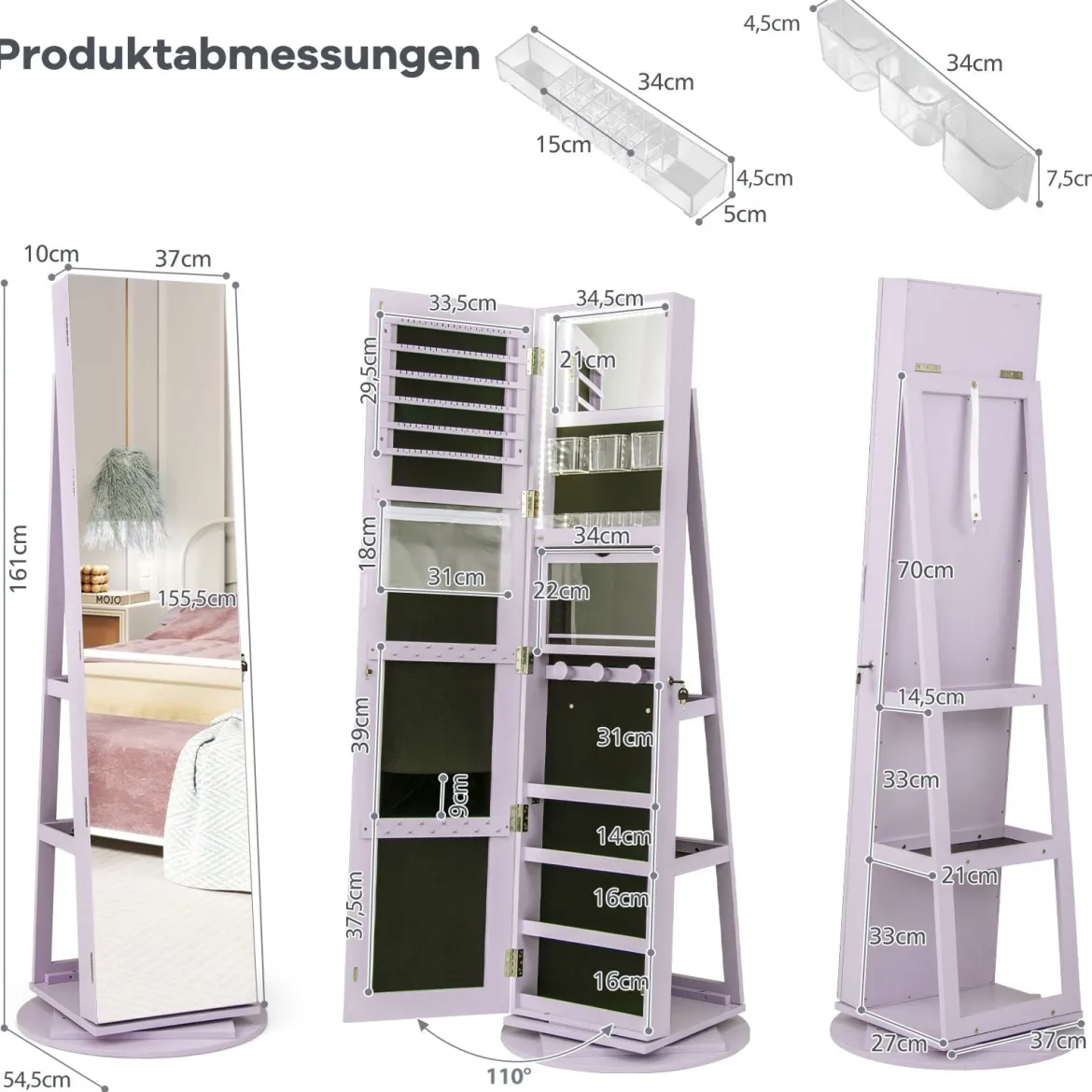 360° Drehbarer Schmuckschrank mit Dreifarbigen LED-Leuchten Freistehender Spiegelschrank