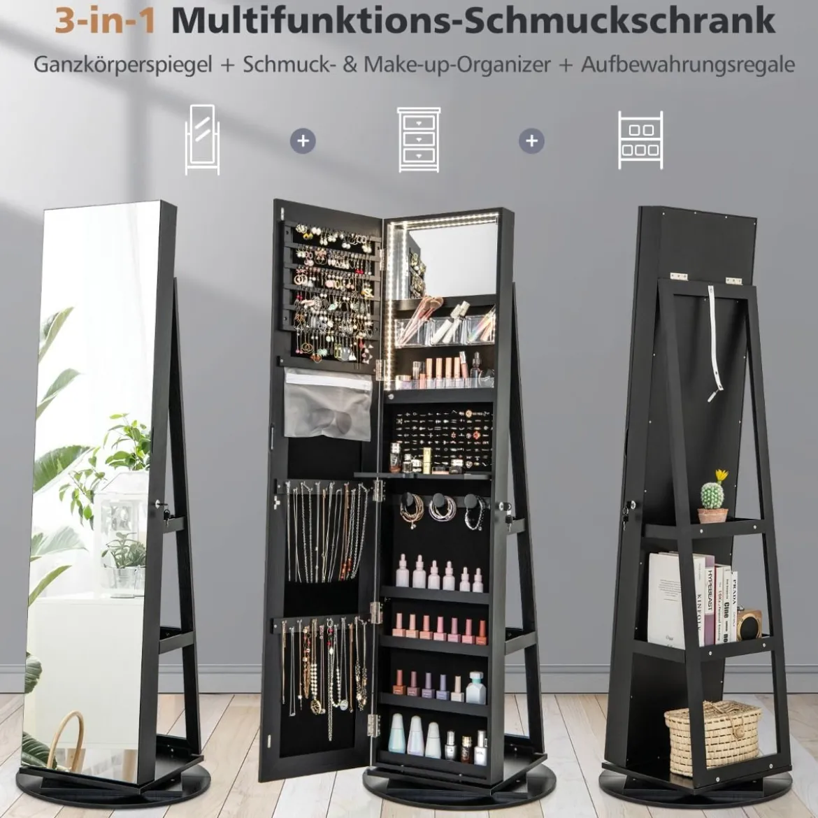 360° Drehbarer Schmuckschrank mit Dreifarbigen LED-Leuchten Freistehender Spiegelschrank