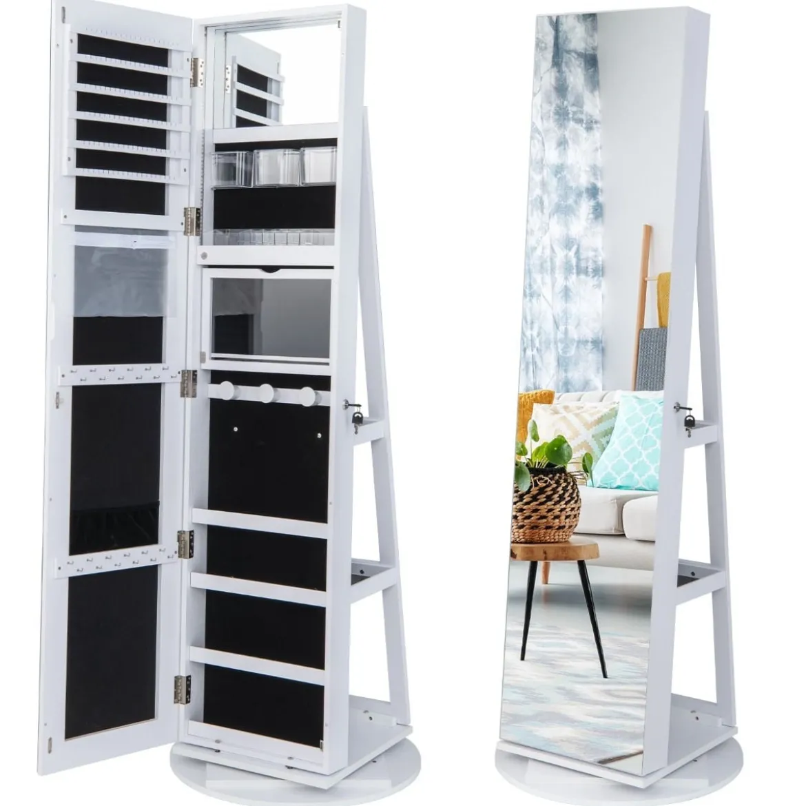 360° Drehbarer Schmuckschrank mit Dreifarbigen LED-Leuchten Freistehender Spiegelschrank