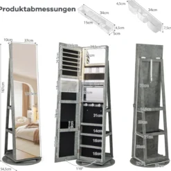 360° Drehbarer Schmuckschrank mit Dreifarbigen LED-Leuchten Freistehender Spiegelschrank