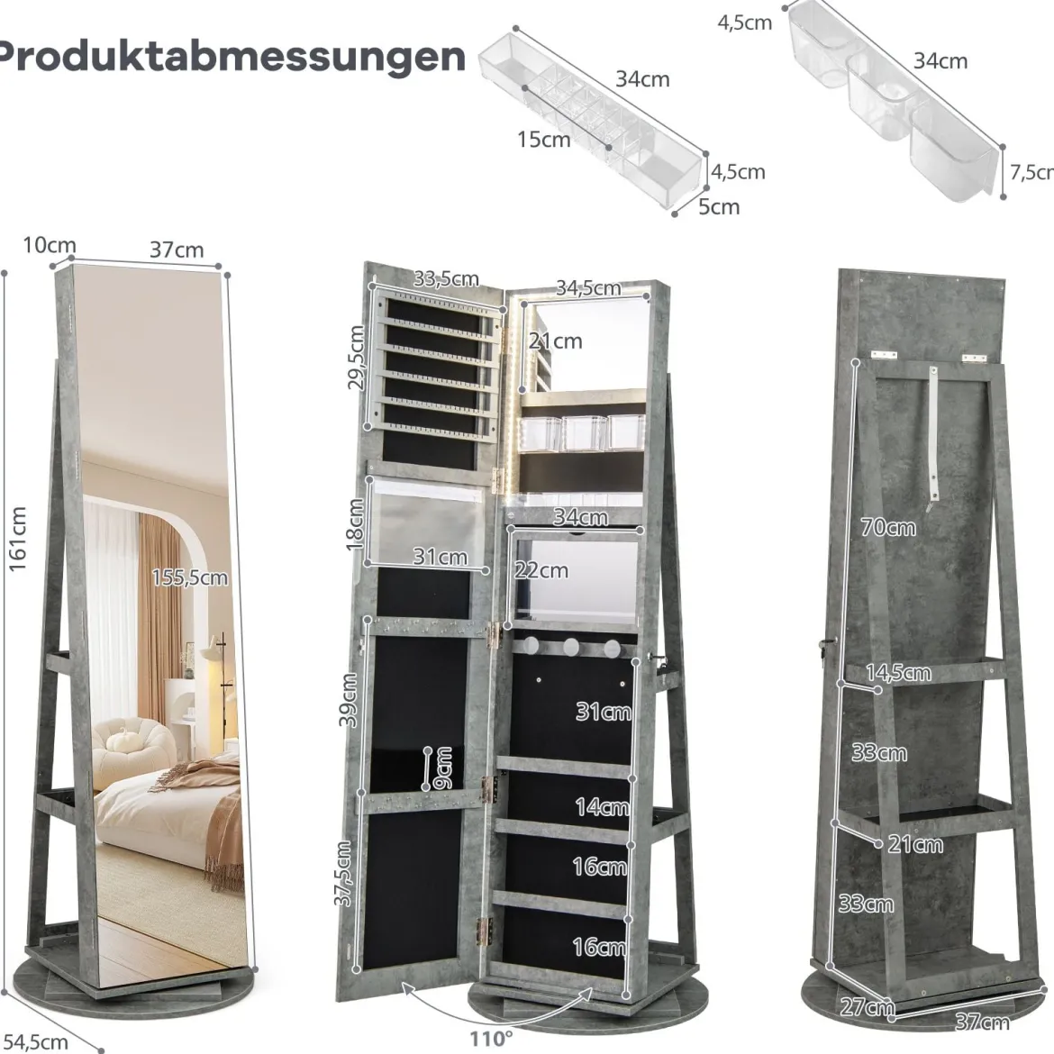 360° Drehbarer Schmuckschrank mit Dreifarbigen LED-Leuchten Freistehender Spiegelschrank