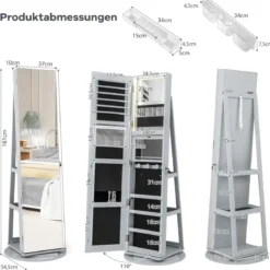 360° Drehbarer Schmuckschrank mit Dreifarbigen LED-Leuchten Freistehender Spiegelschrank