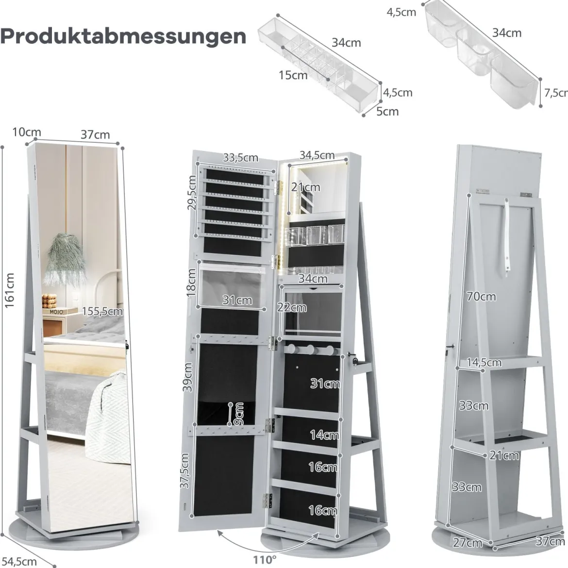 360° Drehbarer Schmuckschrank mit Dreifarbigen LED-Leuchten Freistehender Spiegelschrank