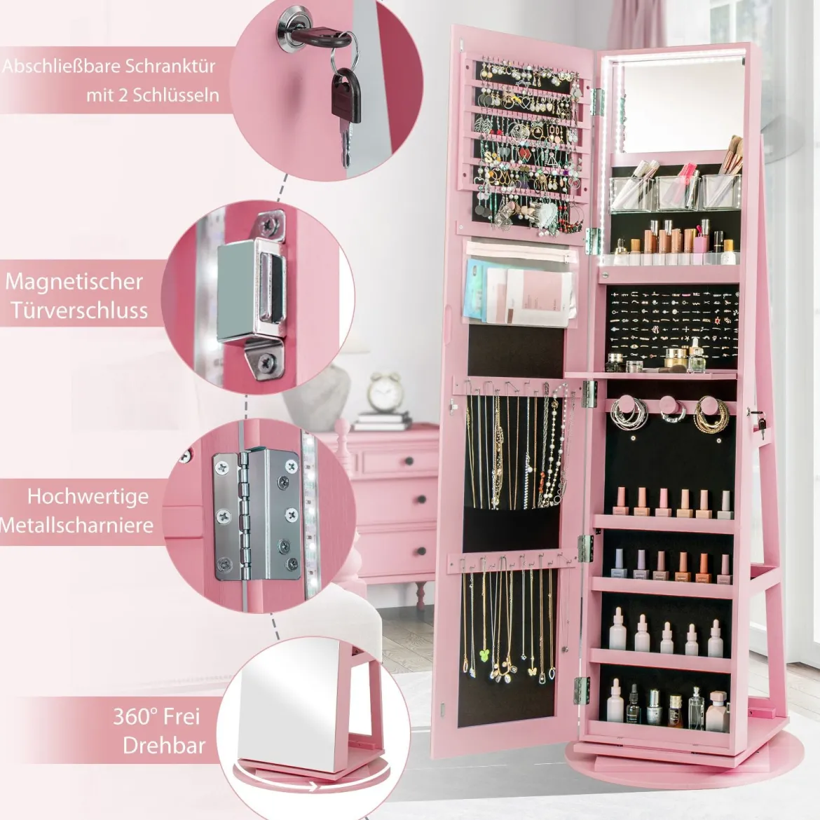 360° Drehbarer Schmuckschrank mit Dreifarbigen LED-Leuchten Freistehender Spiegelschrank