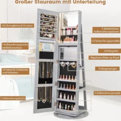 360° Drehbarer Schmuckschrank mit Dreifarbigen LED-Leuchten Freistehender Spiegelschrank